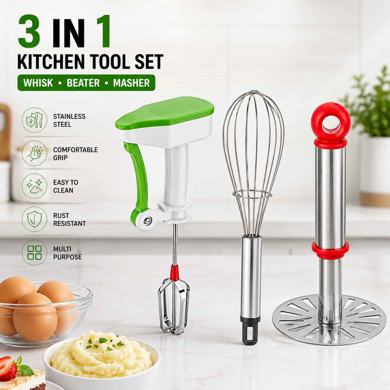 KitchenPro 3-in-1 Whisk & Masher Set