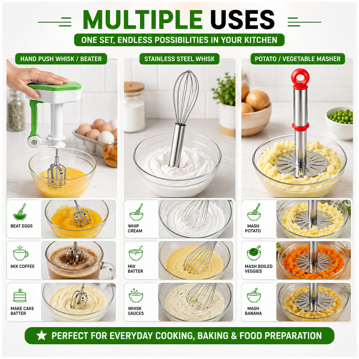 KitchenPro 3-in-1 Whisk & Masher Set