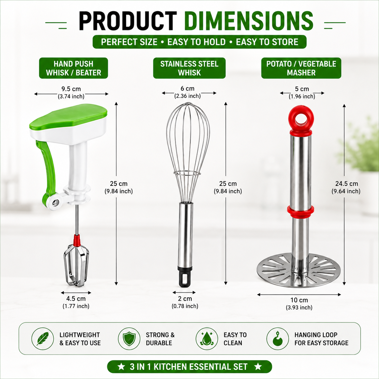 KitchenPro 3-in-1 Whisk & Masher Set