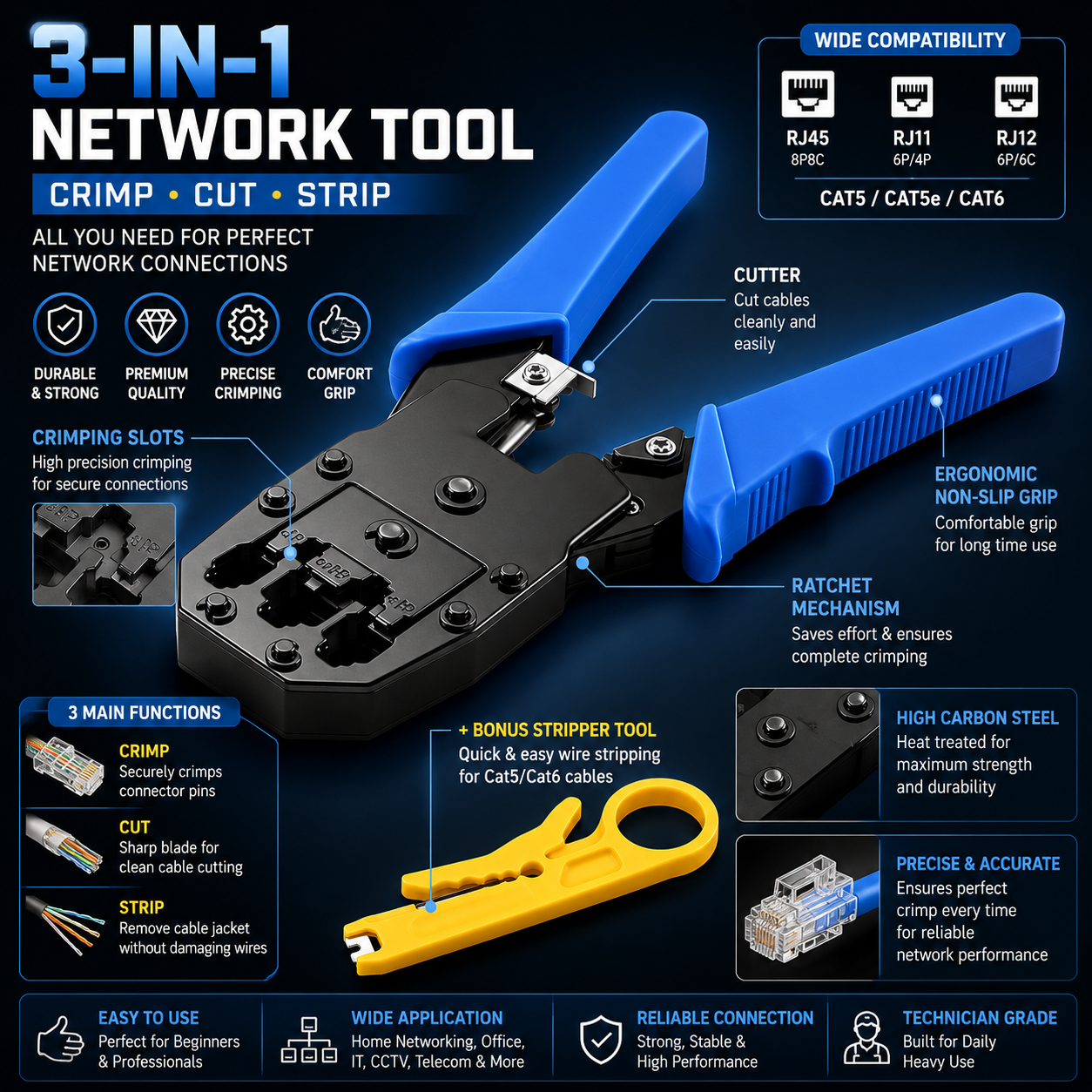 3-in-1 Network Crimping Tool Kit for RJ45 RJ11 RJ12 Connectors